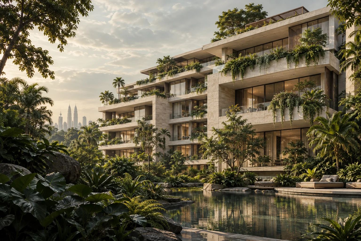 Concept of a terraced limestone residence surrounded by tropical gardens