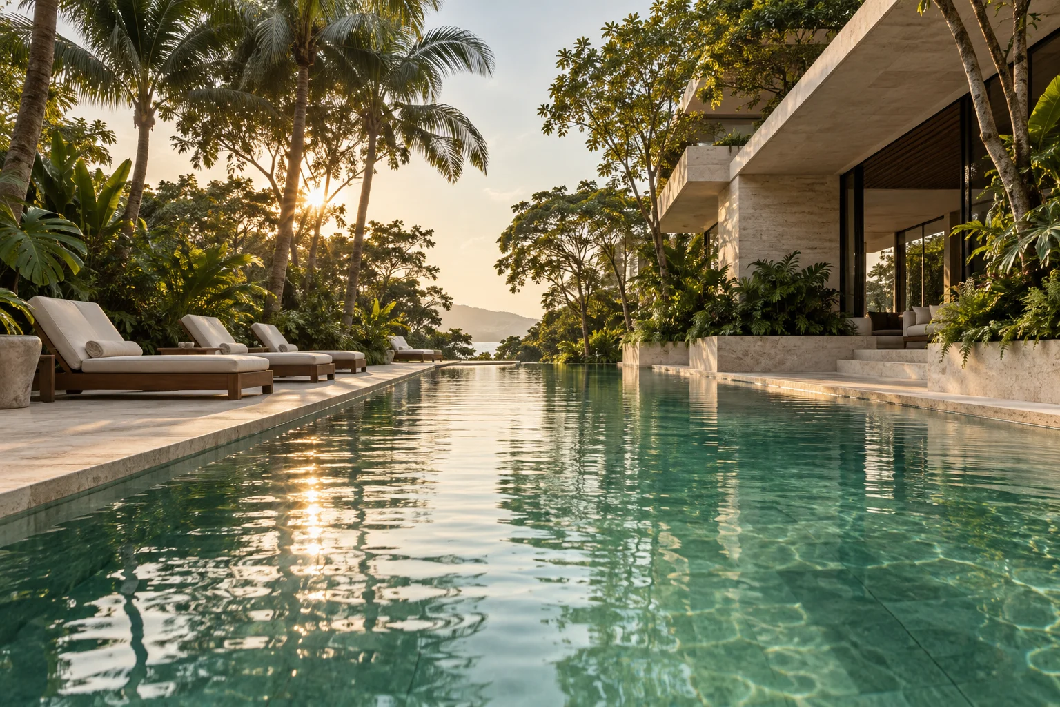 Concept pool framed by limestone decking and lush tropical greenery